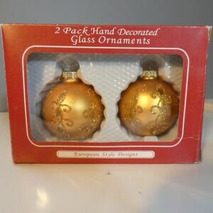 Vintage Glass Christmas Ornaments Gold Hand Decorated 2 Pack Glitter
